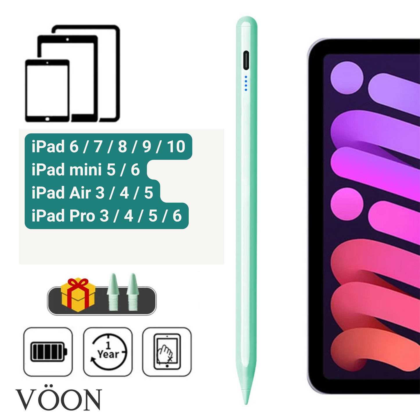 Lápiz Digital VÖON para iPad con Palm Rejection y Carga Rápida USB-C