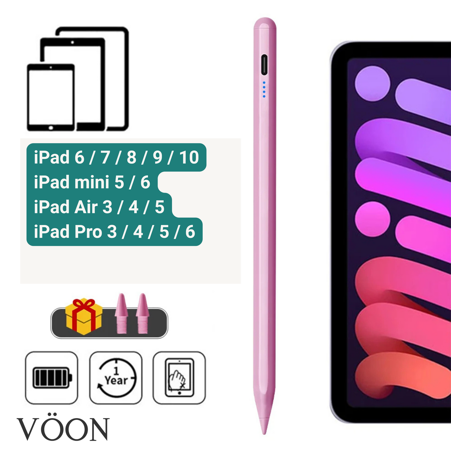 Lápiz Digital VÖON para iPad con Palm Rejection y Carga Rápida USB-C