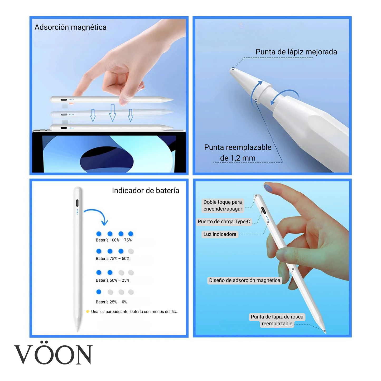 Lápiz Digital VÖON para iPad con Palm Rejection y Carga Rápida USB-C