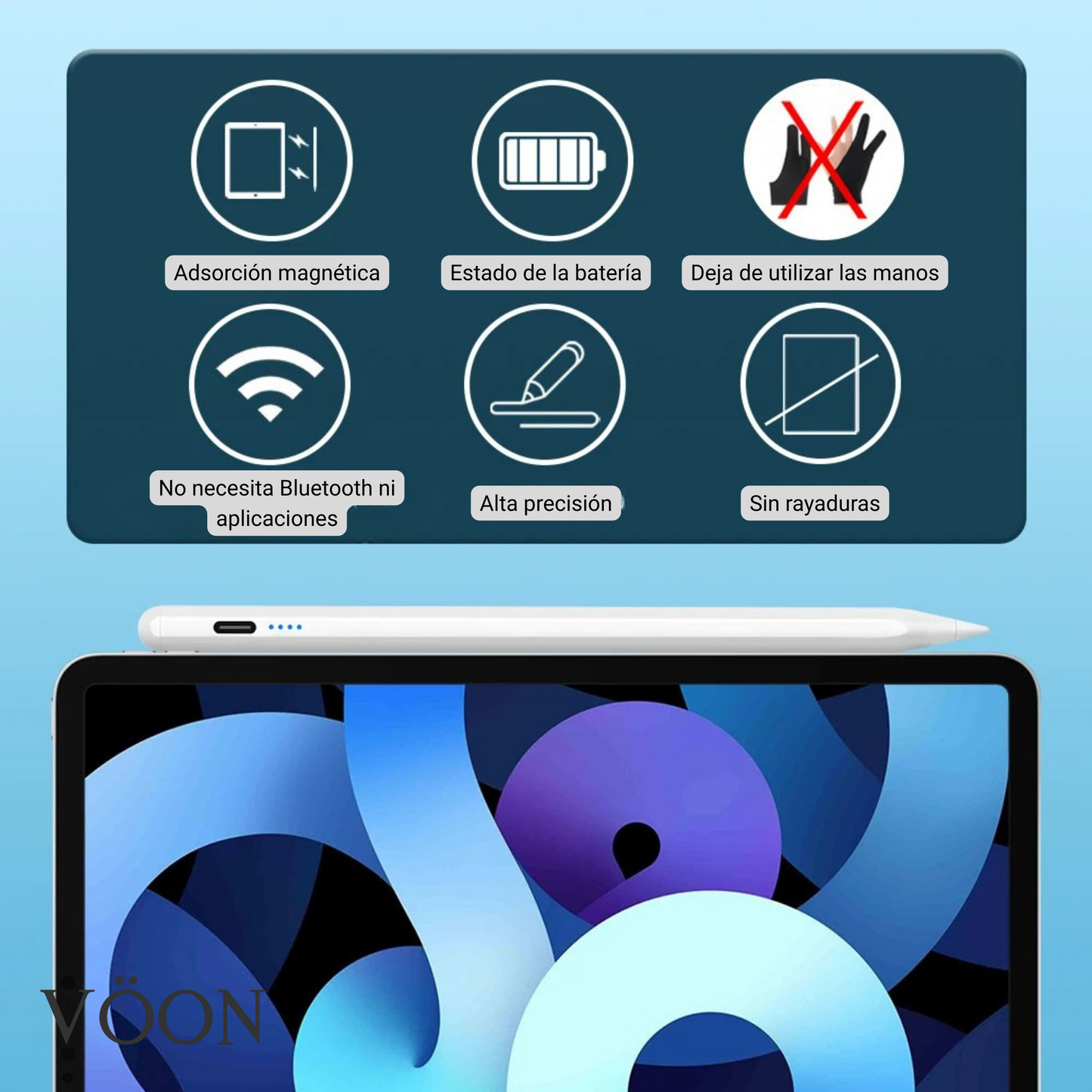 Lápiz Digital VÖON para iPad con Palm Rejection y Carga Rápida USB-C