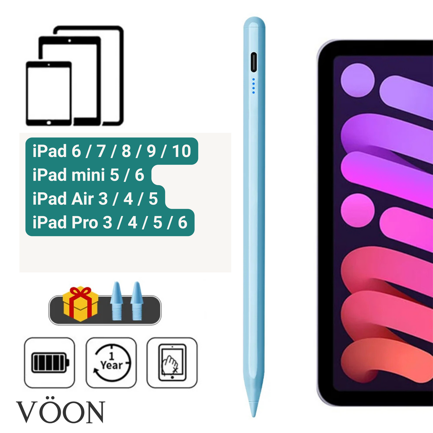 Lápiz Digital VÖON para iPad con Palm Rejection y Carga Rápida USB-C